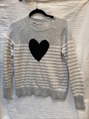 LOFT Light Gray & White Striped Crewneck Sweater with Black Heart
